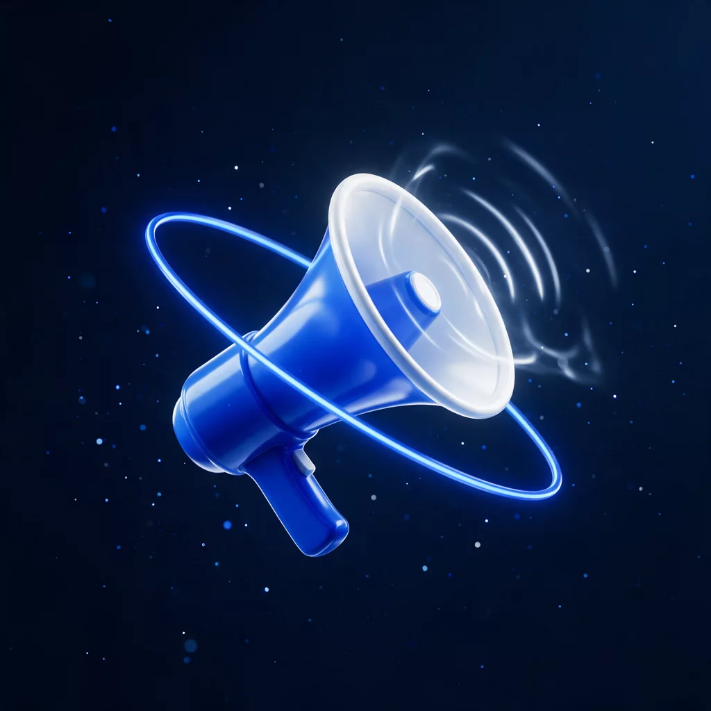 Ilustração 3D de um megafone azul com anel de luz, representando a comunicação ativa com pacientes